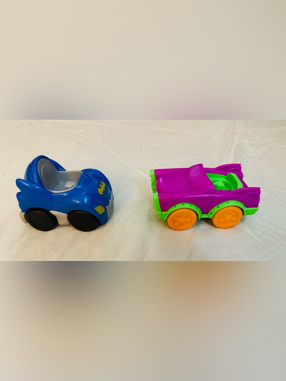 Little People Batman Robin vehicles and Purple-Green Activity Vehicle Set